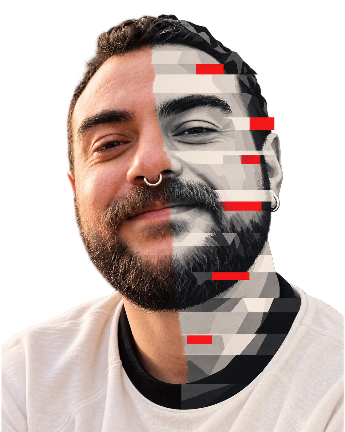 Shako Demetrashvili portrait, combining his authentic photograph with broad digital scan bands and geometric facets